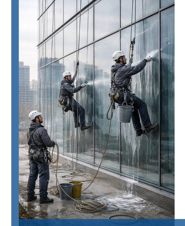 Промышленная мойка панорамных окон на высоте в Гае