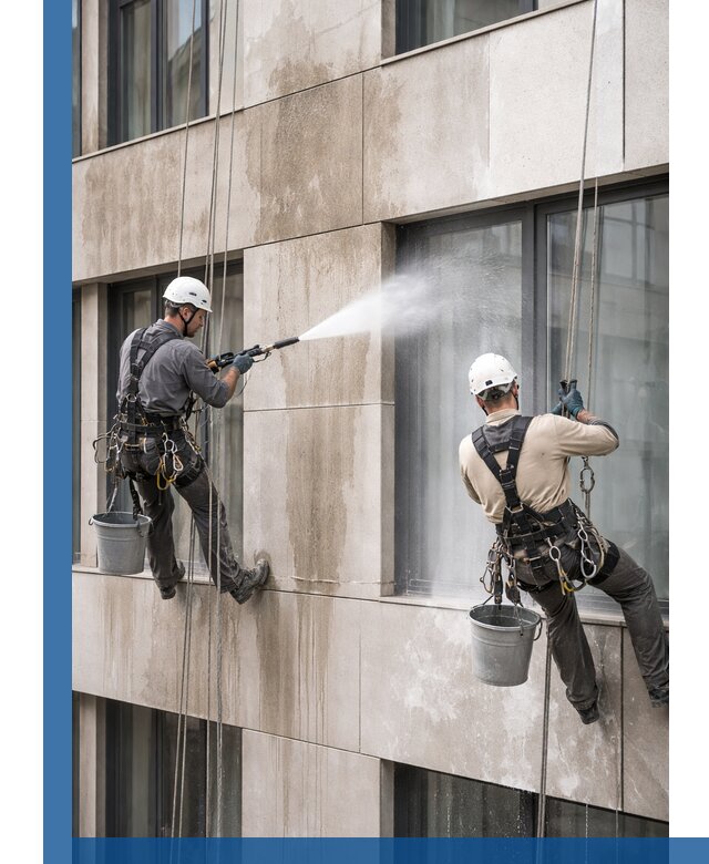Послестроительная мойка фасада промышленным альпинизмом в Гае