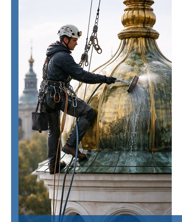 Профессиональная мойка куполов и шпилей высотными альпинистами в Гае