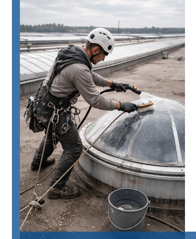 Мойка зенитных фонарей на кровле для промышленных объектов в Гае