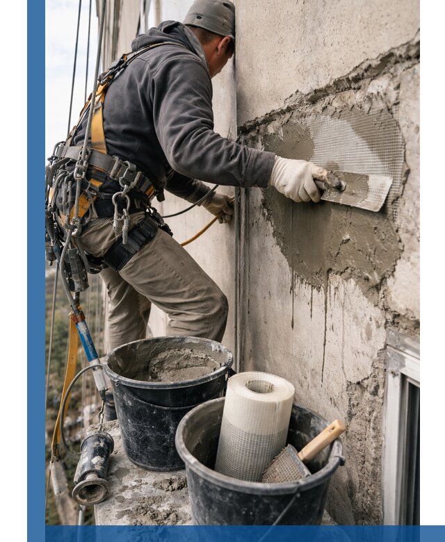 Ремонт бетонных элементов фасада промышленными альпинистами в Гае