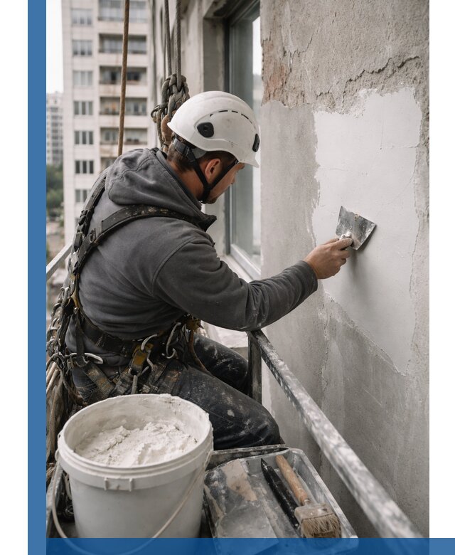 Шпаклевка фасадов на высоте с промальпинистами в Гае