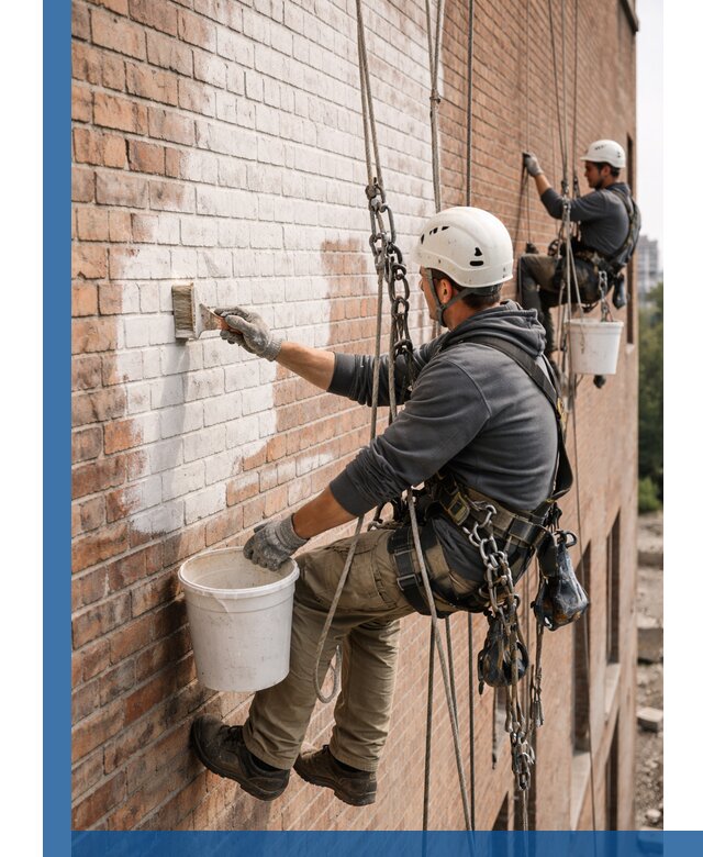 Покраска кирпичного фасада с доступным альпинистским сервисом в Гае