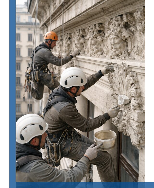 Реставрация фасадной лепнины с высотными работами в Гае