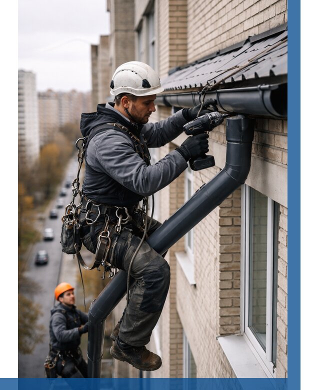 Монтаж водосточной системы на здании в Гае от 5083 р. | ВЫСОТНИК-Гай