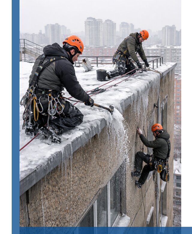 Удаление наледи с кровли в Гае промышленными альпинистами