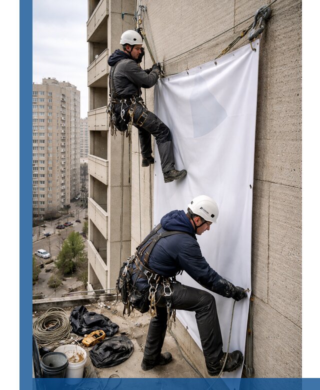 Профессиональный монтаж баннеров на фасаде в Гае