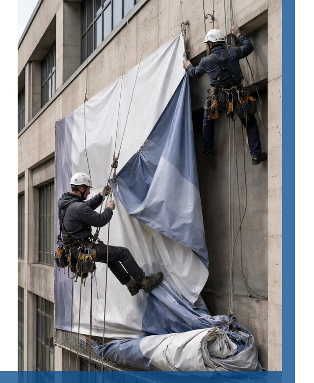 Демонтаж баннеров с фасада в Гае от 4575 р. | ВЫСОТНИК-Гай