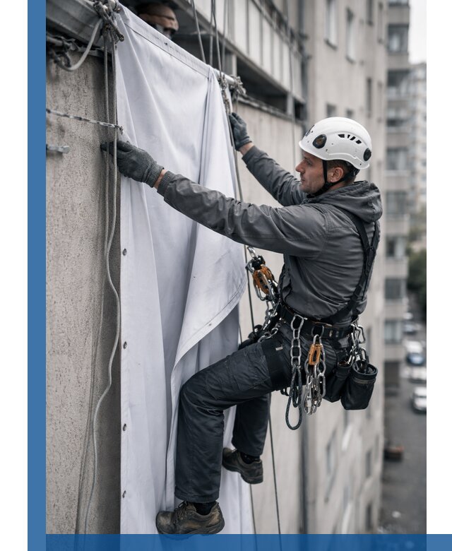 Замена баннерного полотна промышленными альпинистами в Гае
