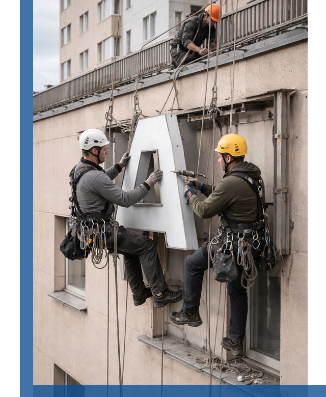 Ремонт и восстановление наружных вывесок на высоте в Гае