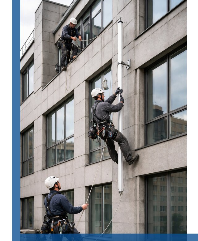 Монтаж флагштока на фасаде здания с креплением и герметикой в Гае