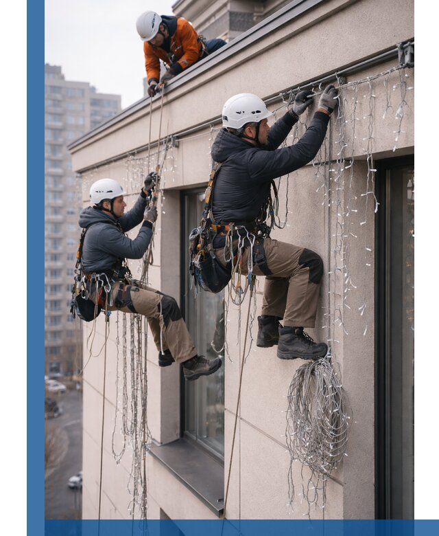 Монтаж праздничных гирлянд на фасаде в Гае для зданий