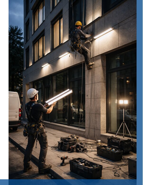 Монтаж архитектурной подсветки здания в Гае от 2542 р.|ВЫСОТНИК-Гай