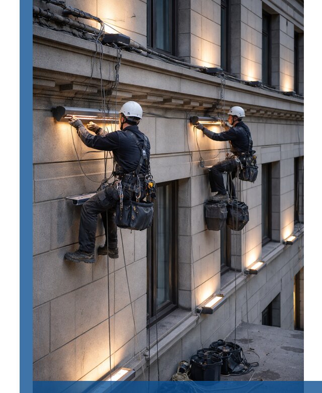 Монтаж архитектурной подсветки фасадов зданий в Гае