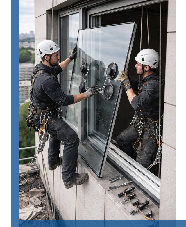 Замена стеклопакетов на высоте с промышленными альпинистами в Гае