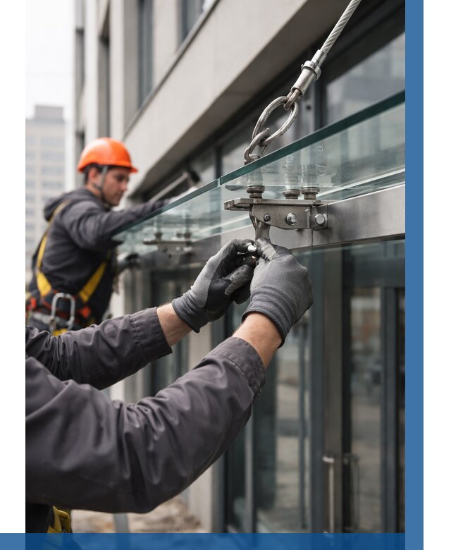 Монтаж стеклянных козырьков в Гае от 8641 р. | ВЫСОТНИК-Гай