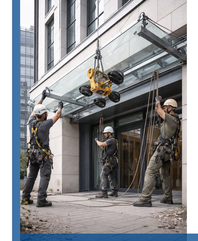 Монтаж стеклянных козырьков под ключ в Гае для зданий