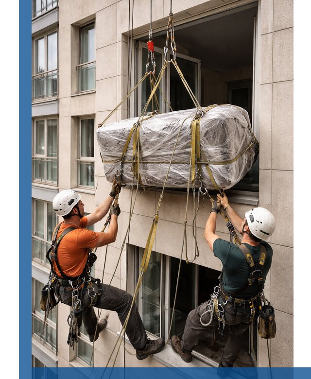 Подъем грузов через окно в Гае промышленными альпинистами