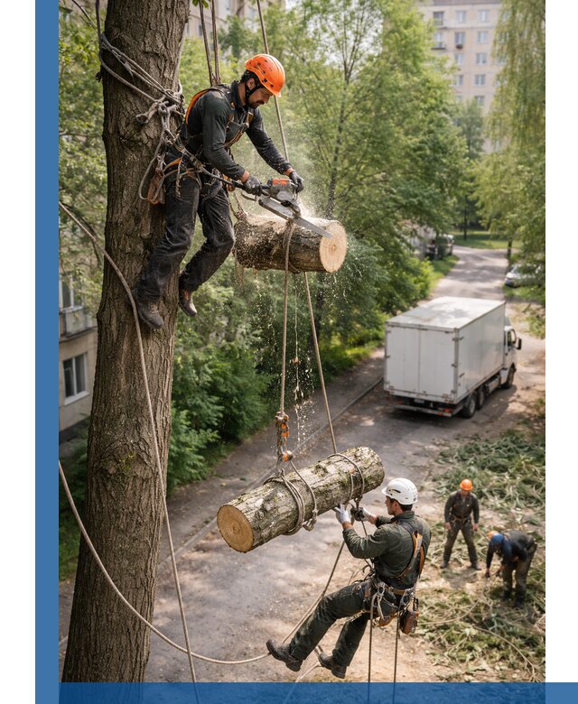 Спил деревьев альпинистами в Гае, безопасно и без повреждений