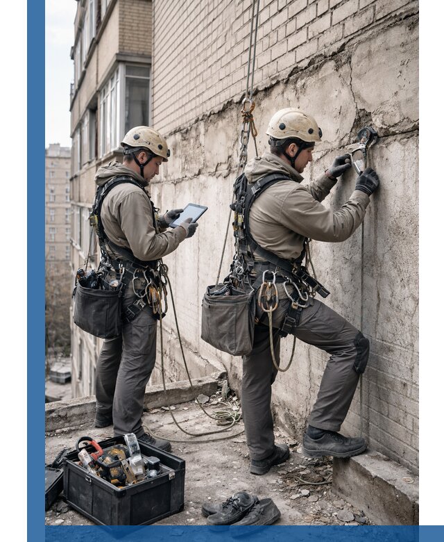 Обследование фасада промышленными альпинистами в Гае